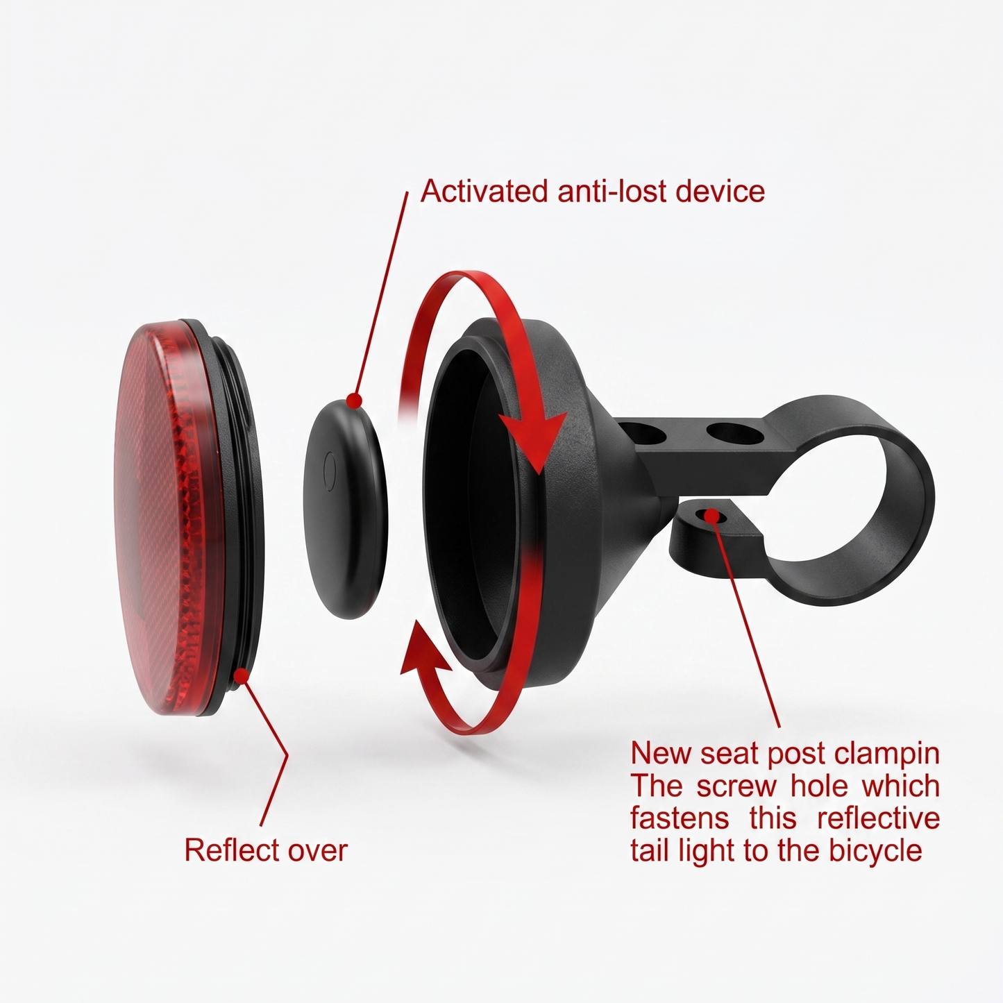 Rear view of the Tracedwn no-subscription bike tracker reflector on a bicycle
