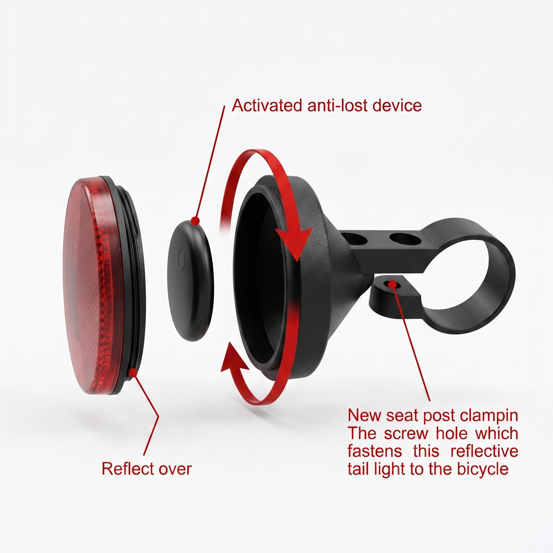 Rear view of the Tracedwn no-subscription bike tracker reflector on a bicycle