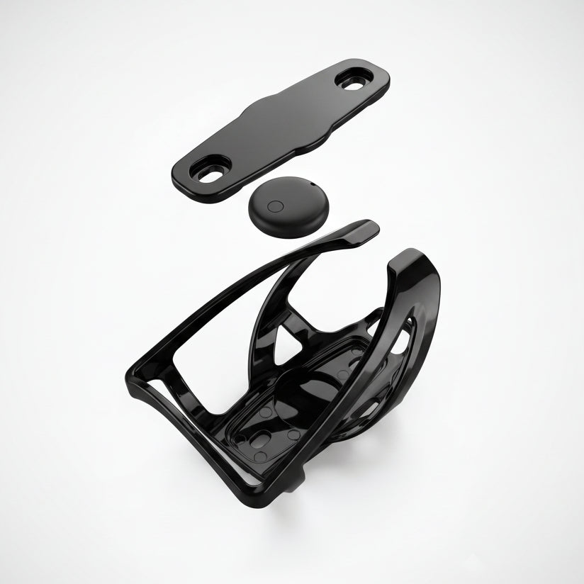 Gloss black Tracedwn bike tracker bottle cage holding a water bottle